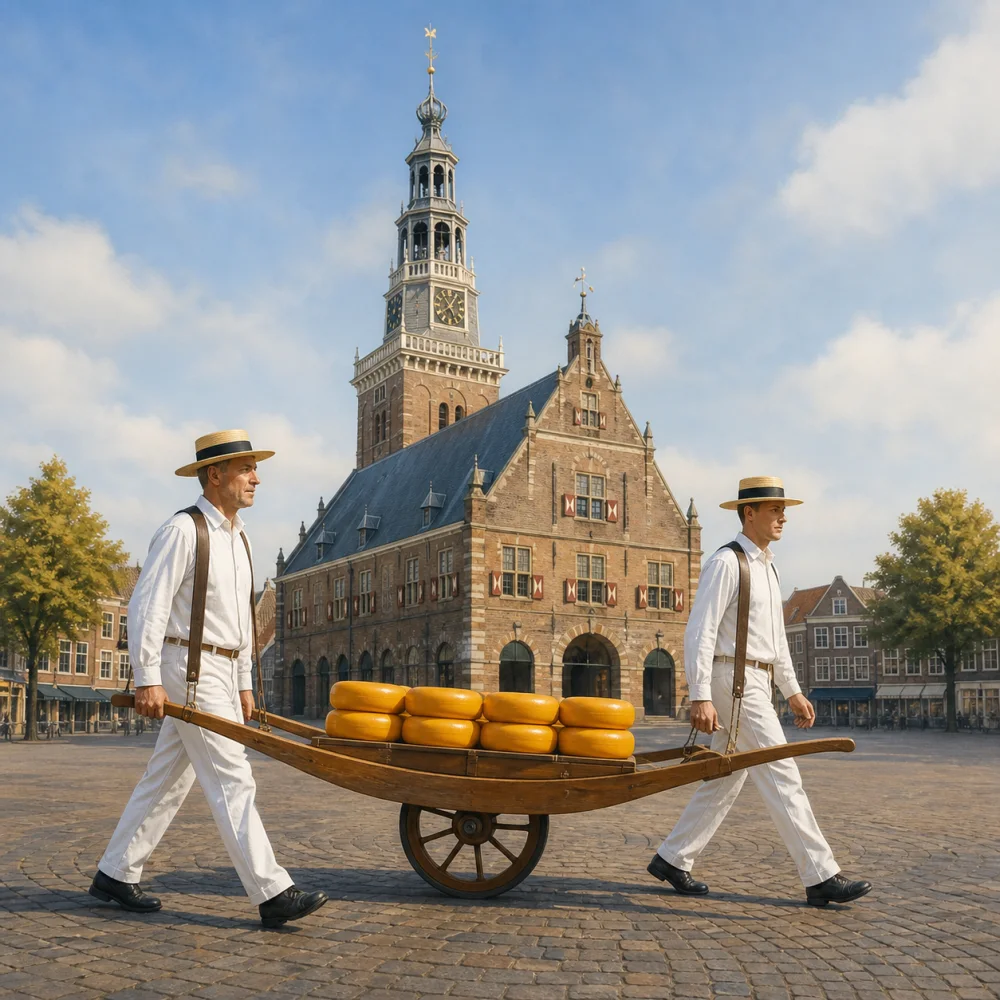 Illustratie van twee Alkmaarse kaasdragers voor de Waag