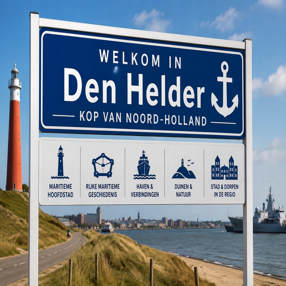 Welkomsbord Den Helder en Kop van Noord-Holland met maritieme en kustelementen