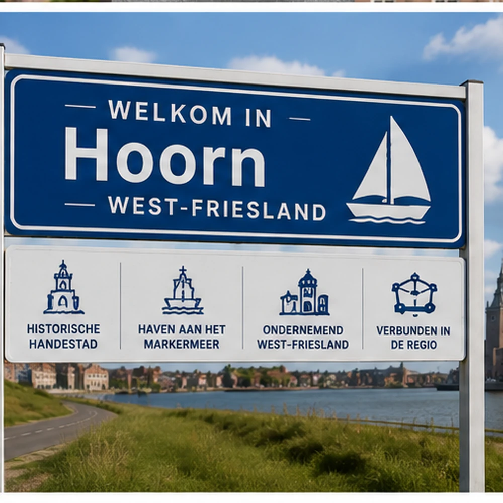 Welkomsbord Hoorn en West-Friesland met haven en regionale symbolen