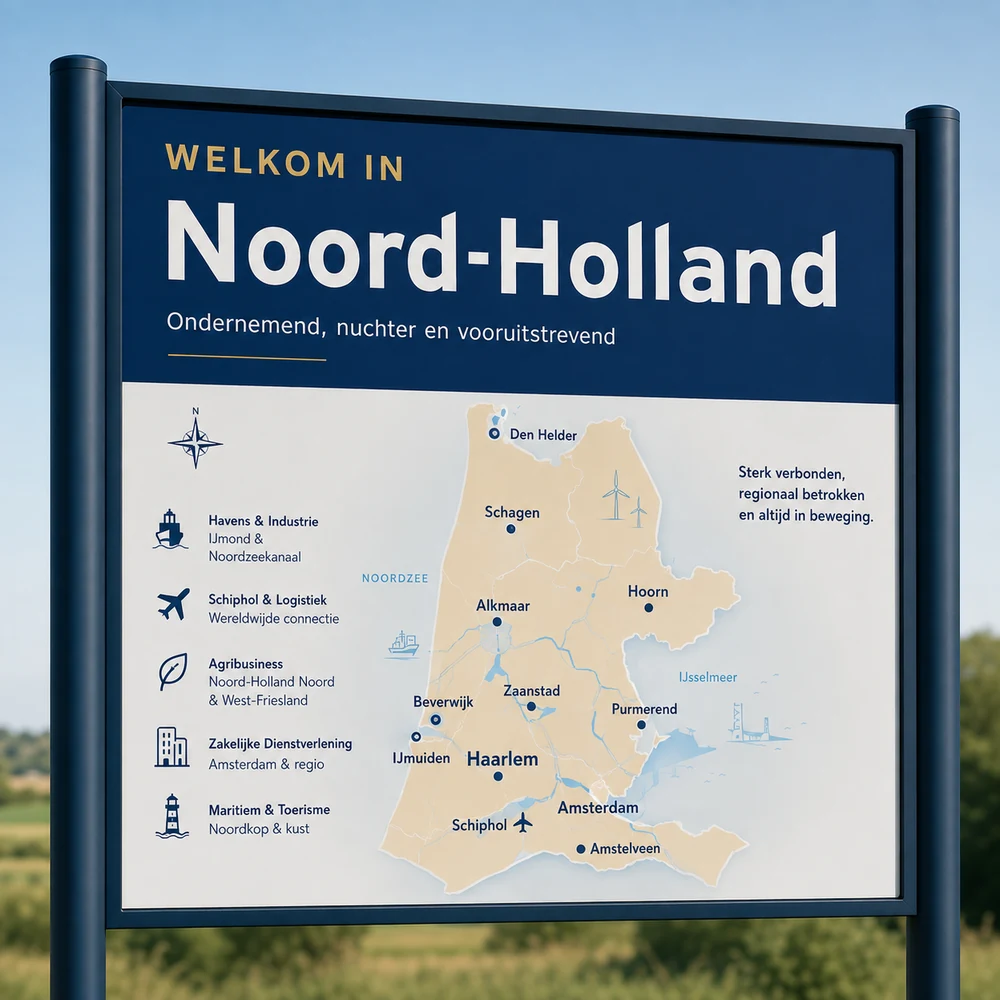 Moderne kaart van Noord-Holland met bekende plaatsen en regio's