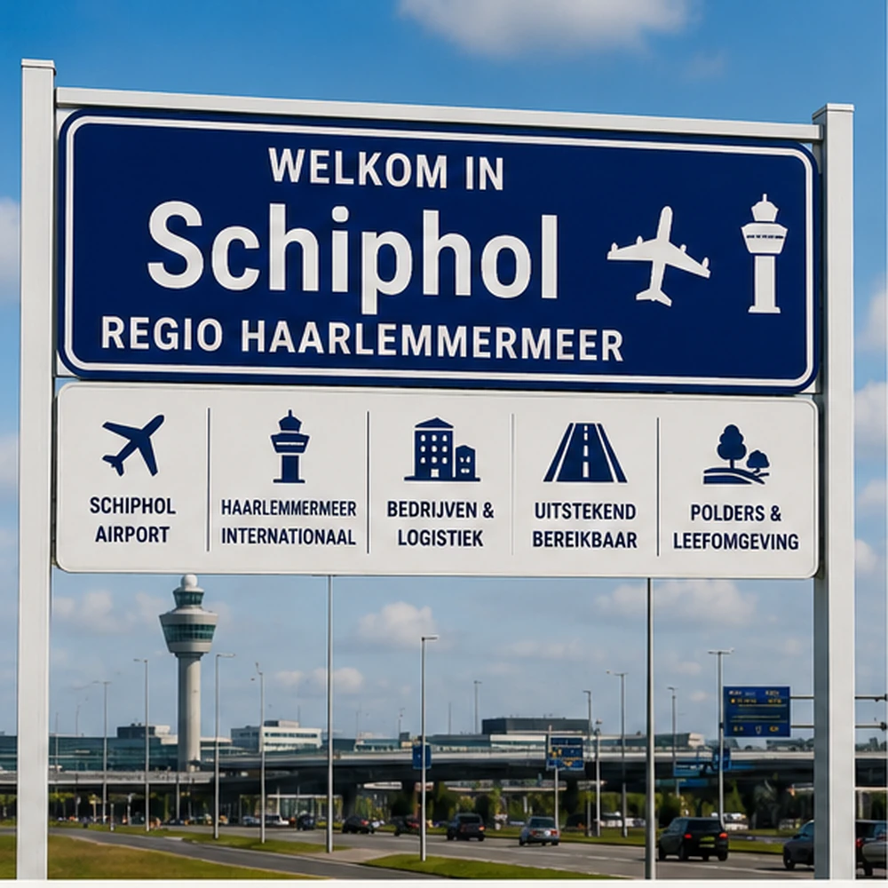 Welkomsbord Schiphol-regio en Haarlemmermeer met luchthavenomgeving